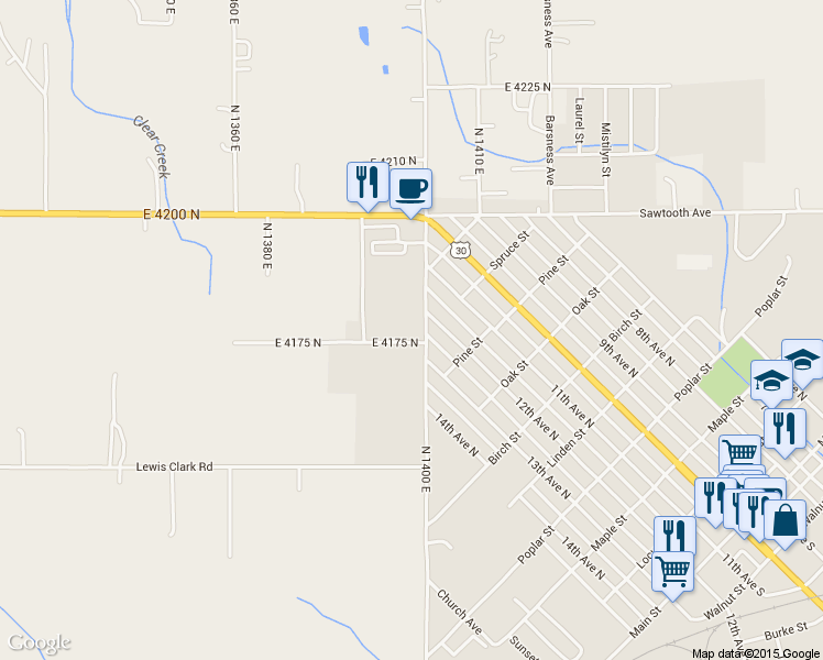 map of restaurants, bars, coffee shops, grocery stores, and more near 401 Fruitland Avenue in Buhl