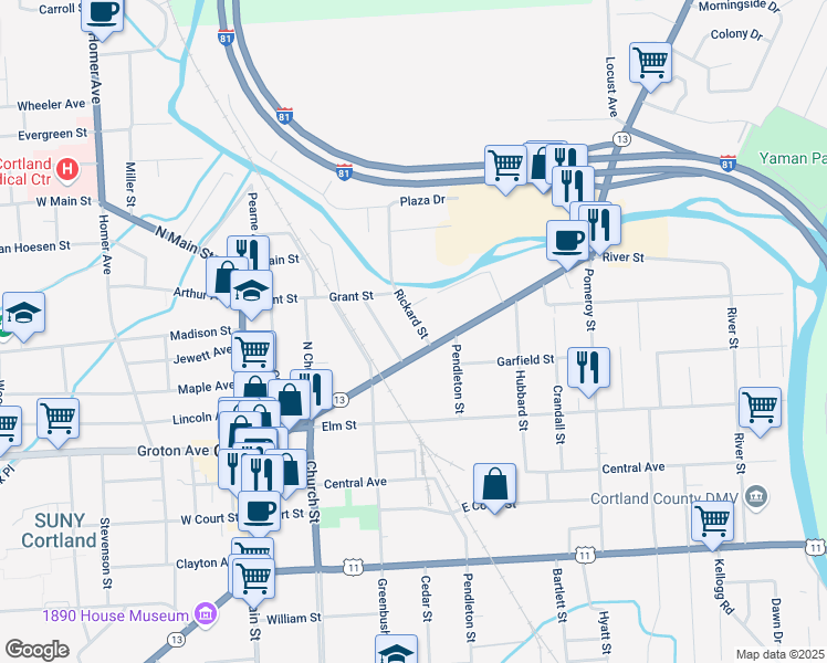 map of restaurants, bars, coffee shops, grocery stores, and more near 8 Rickard Street in Cortland