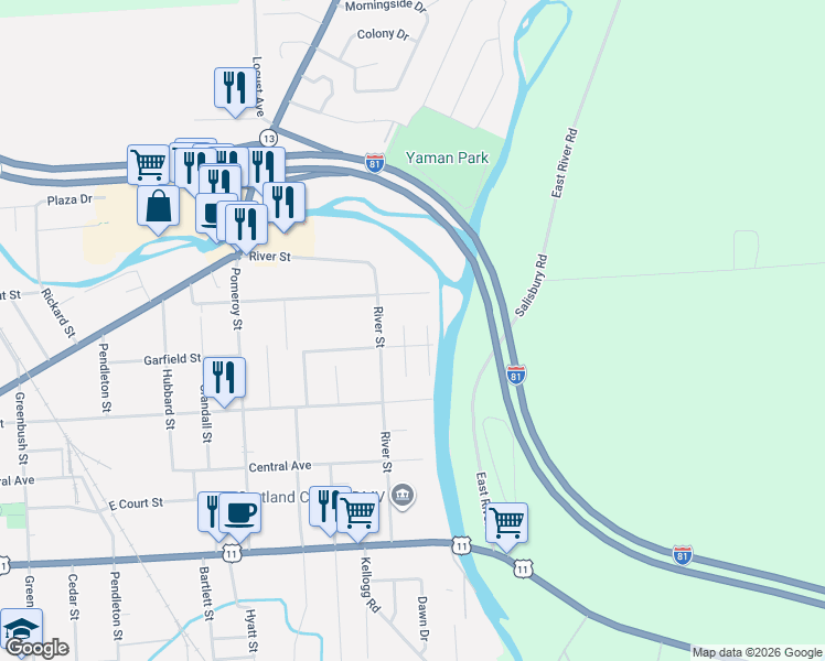 map of restaurants, bars, coffee shops, grocery stores, and more near 12 Redwood Avenue in Cortland