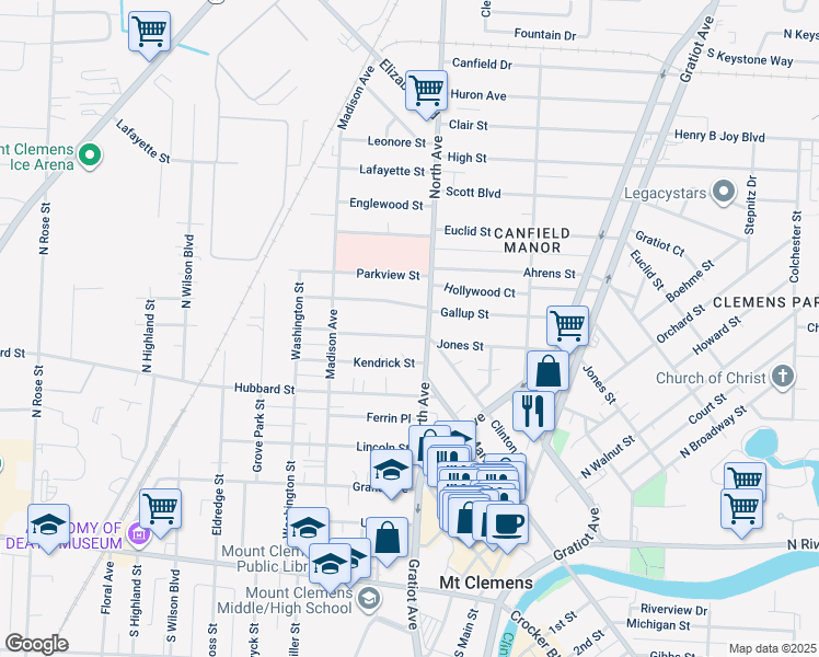 map of restaurants, bars, coffee shops, grocery stores, and more near 256 Jones Street in Mount Clemens