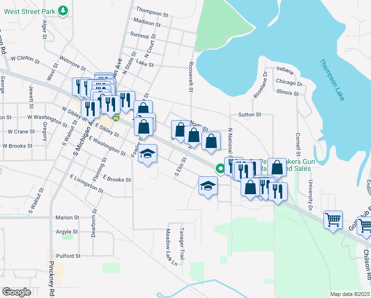 map of restaurants, bars, coffee shops, grocery stores, and more near 734 East Grand River Road in Howell