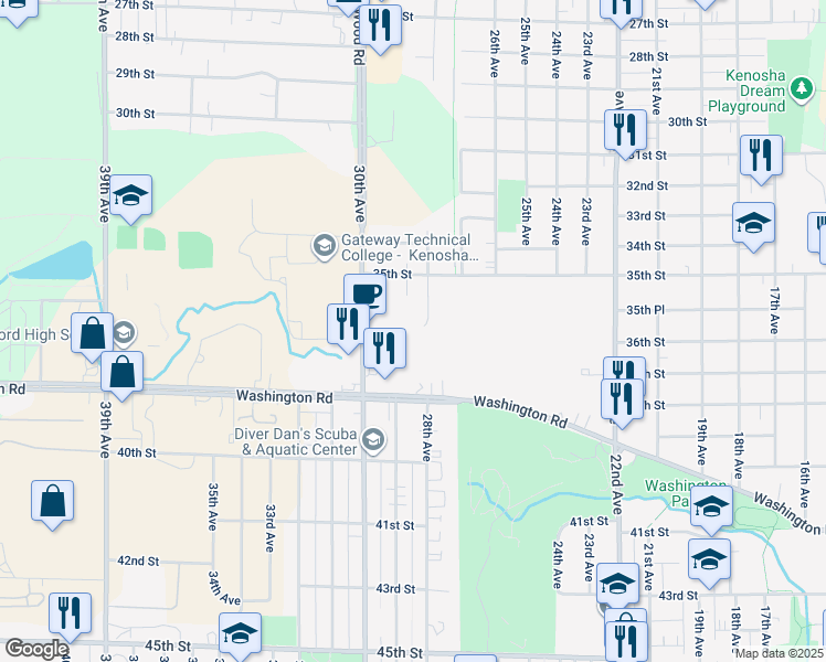 map of restaurants, bars, coffee shops, grocery stores, and more near 3601 30th Ave in Kenosha