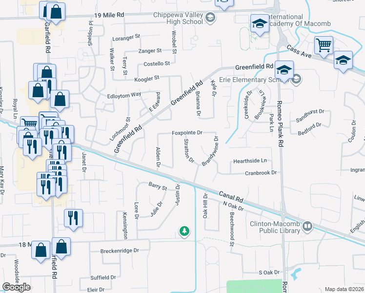 map of restaurants, bars, coffee shops, grocery stores, and more near 41875 Stratton Drive in Macomb County