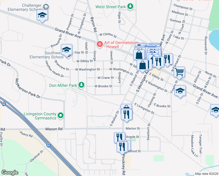 map of restaurants, bars, coffee shops, grocery stores, and more near 502 Jewett Street in Howell