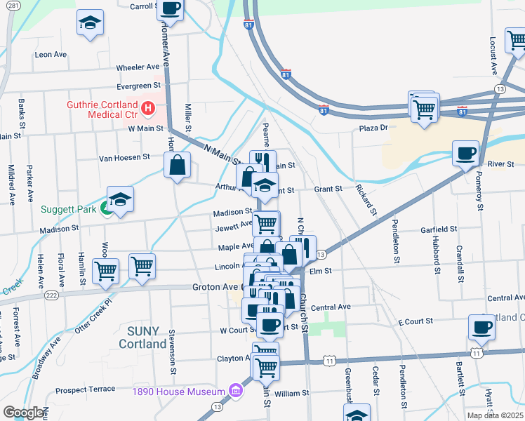 map of restaurants, bars, coffee shops, grocery stores, and more near 35 North Main Street in Cortland