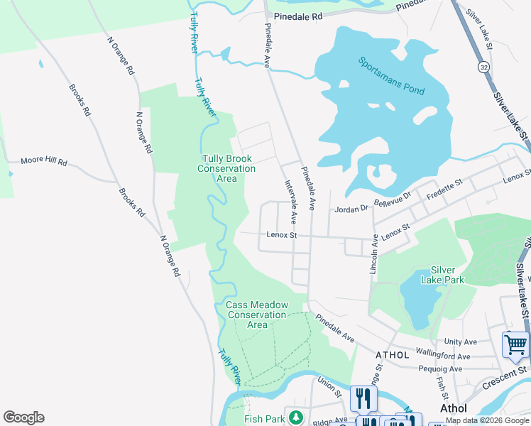 map of restaurants, bars, coffee shops, grocery stores, and more near 130 Western Avenue in Athol