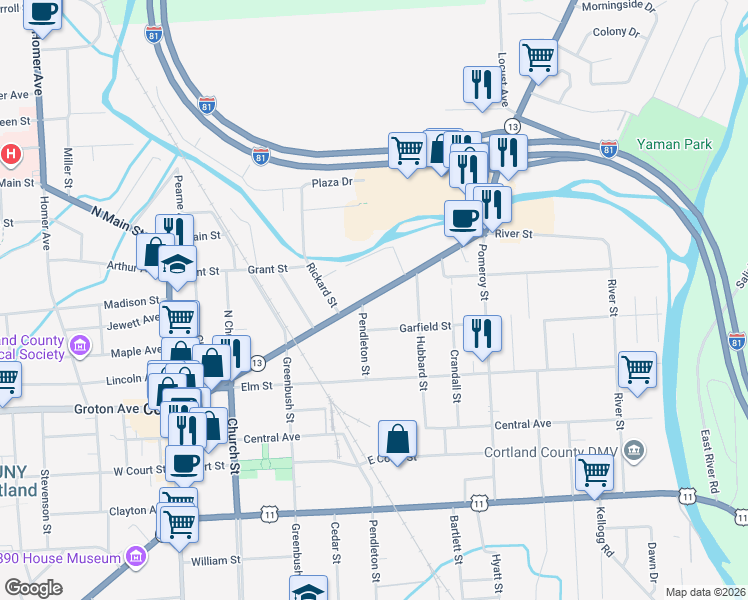 map of restaurants, bars, coffee shops, grocery stores, and more near 107 Clinton Avenue in Cortland