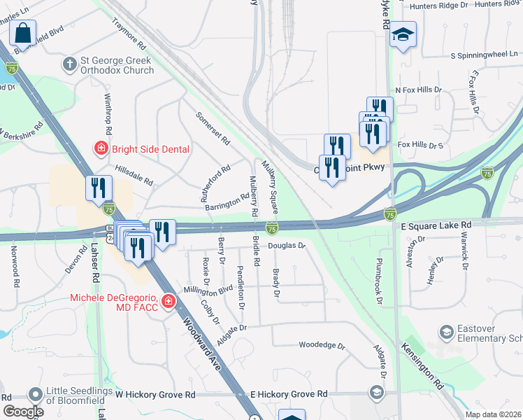 map of restaurants, bars, coffee shops, grocery stores, and more near 225 East Square Lake Road in Bloomfield Township