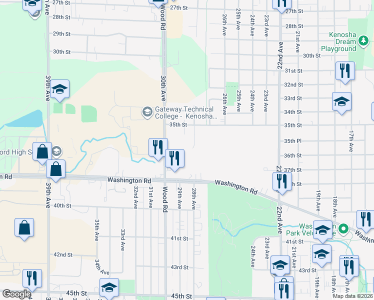 map of restaurants, bars, coffee shops, grocery stores, and more near 3601 30th Ave in Kenosha