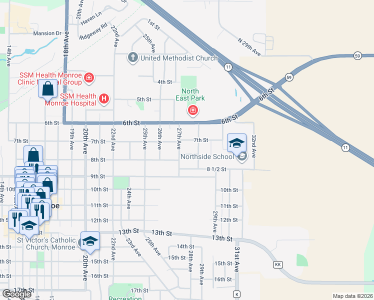 map of restaurants, bars, coffee shops, grocery stores, and more near 2713 8th Street in Monroe