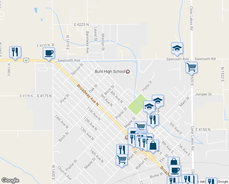 map of restaurants, bars, coffee shops, grocery stores, and more near 516 8th Ave N in Buhl