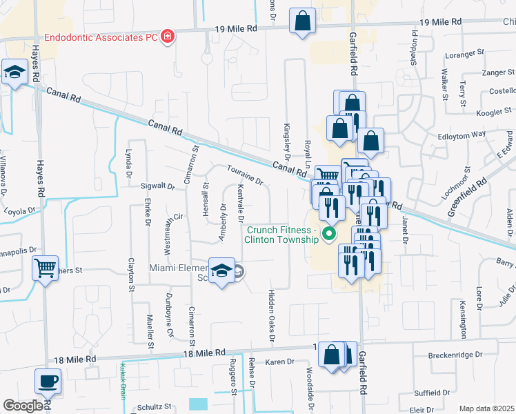map of restaurants, bars, coffee shops, grocery stores, and more near 16254 Cobham Court in Macomb County
