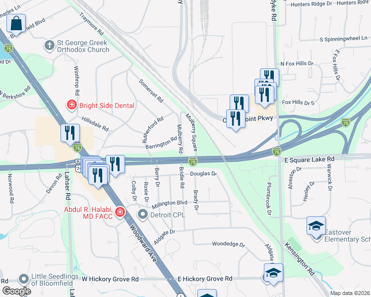 map of restaurants, bars, coffee shops, grocery stores, and more near 225 East Square Lake Road in Bloomfield Township