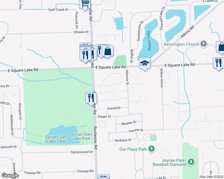 map of restaurants, bars, coffee shops, grocery stores, and more near 1135 Augusta Drive in Troy