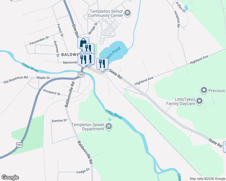 map of restaurants, bars, coffee shops, grocery stores, and more near 62 Mill Street in Templeton