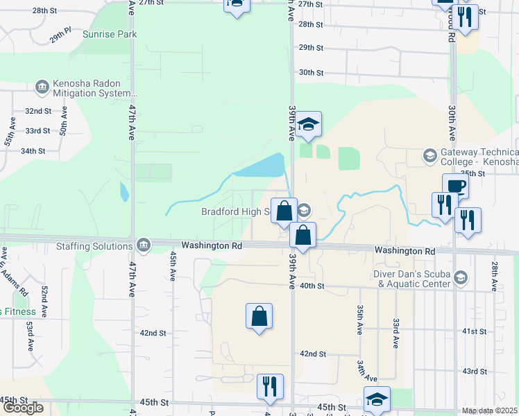 map of restaurants, bars, coffee shops, grocery stores, and more near 4042 Washington Road in Kenosha