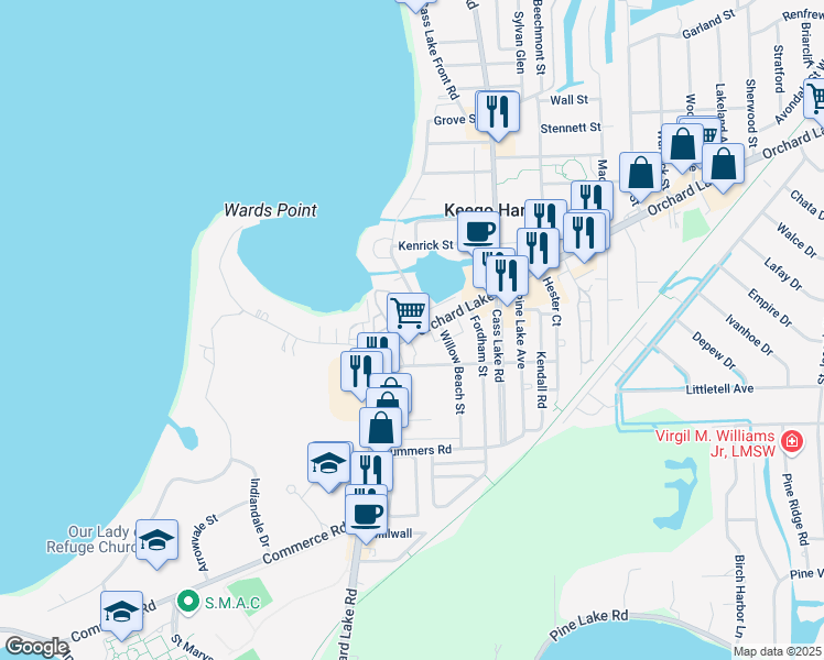 map of restaurants, bars, coffee shops, grocery stores, and more near 3170 Orchard Lake Road in Keego Harbor