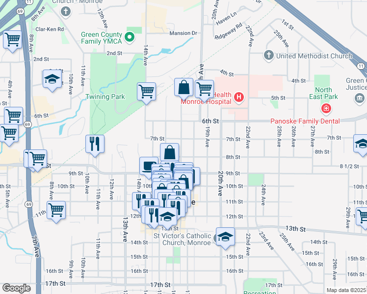 map of restaurants, bars, coffee shops, grocery stores, and more near 714 17th Avenue in Monroe