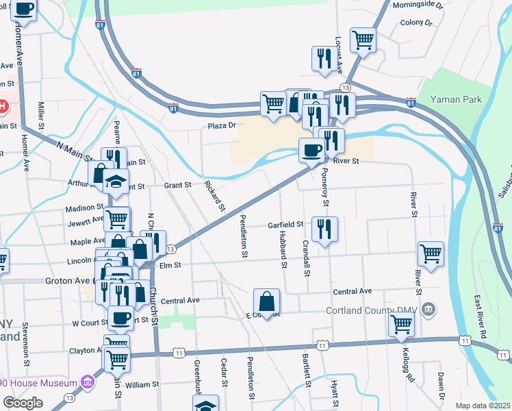 map of restaurants, bars, coffee shops, grocery stores, and more near 107 Clinton Avenue in Cortland