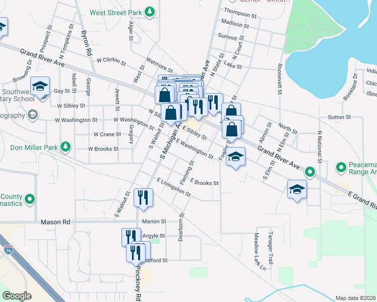 map of restaurants, bars, coffee shops, grocery stores, and more near 207 East Washington Street in Howell