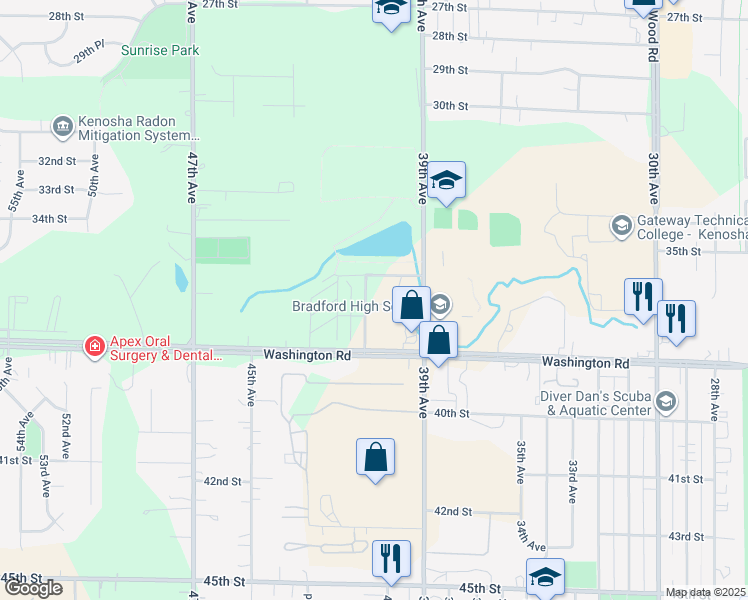 map of restaurants, bars, coffee shops, grocery stores, and more near 3902 Washington Road in Kenosha