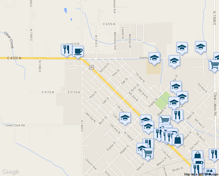 map of restaurants, bars, coffee shops, grocery stores, and more near 715 Broadway Avenue North in Buhl
