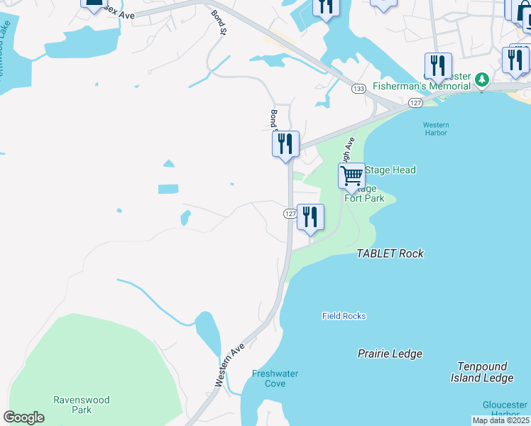 map of restaurants, bars, coffee shops, grocery stores, and more near 8 Old Salem Road in Gloucester