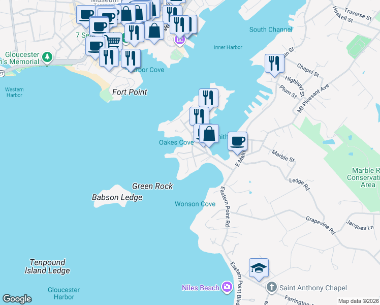 map of restaurants, bars, coffee shops, grocery stores, and more near 5 Fremont Street in Gloucester