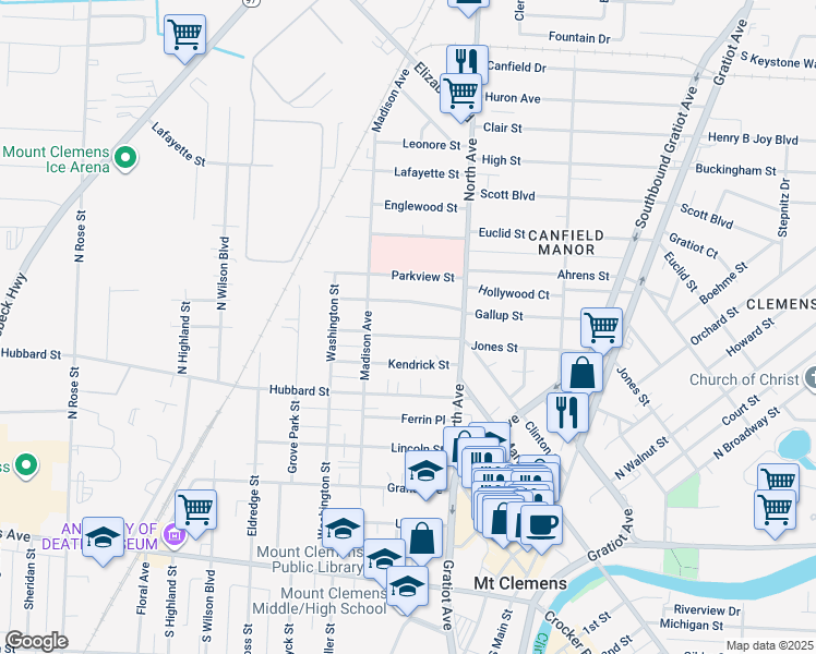 map of restaurants, bars, coffee shops, grocery stores, and more near 284 Jones Street in Mount Clemens