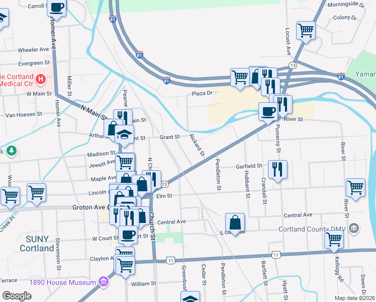 map of restaurants, bars, coffee shops, grocery stores, and more near 5 Washington Street in Cortland