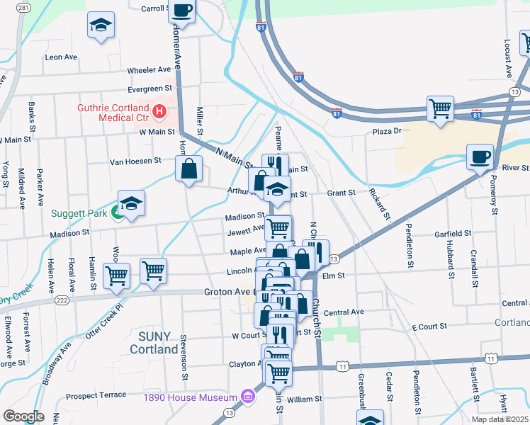 map of restaurants, bars, coffee shops, grocery stores, and more near 59 North Main Street in Cortland