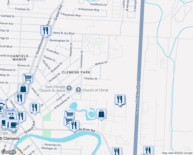 map of restaurants, bars, coffee shops, grocery stores, and more near 24176 Charles Street in Clinton Township