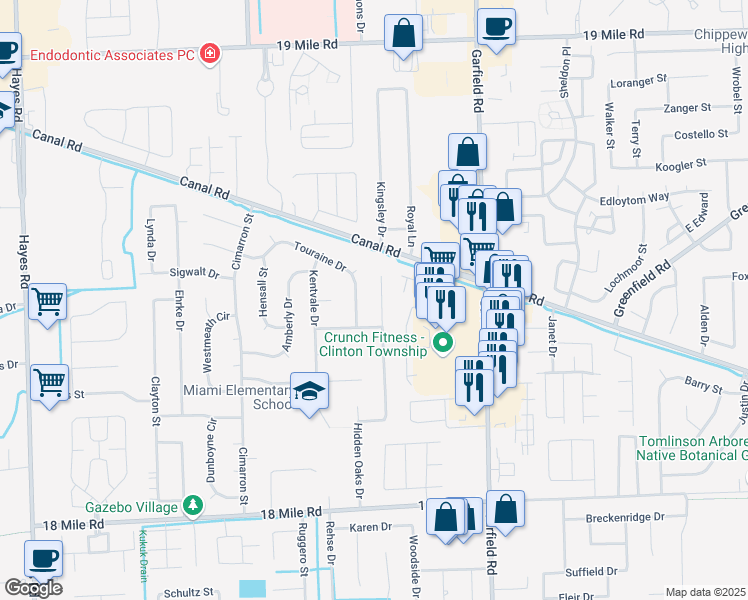 map of restaurants, bars, coffee shops, grocery stores, and more near 41941 Mary Kay Drive in Clinton Township