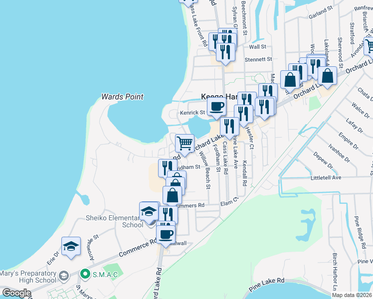 map of restaurants, bars, coffee shops, grocery stores, and more near 3170 Orchard Lake Road in Keego Harbor