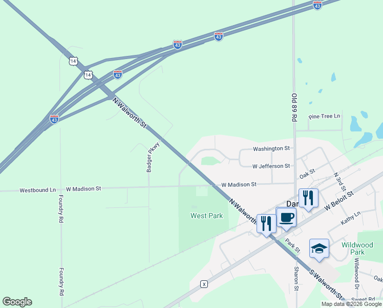 map of restaurants, bars, coffee shops, grocery stores, and more near 301 North Walworth Street in Darien