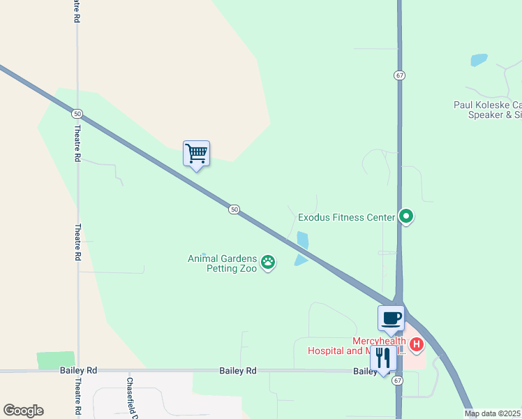 map of restaurants, bars, coffee shops, grocery stores, and more near 5072 State Road 50 in Delavan