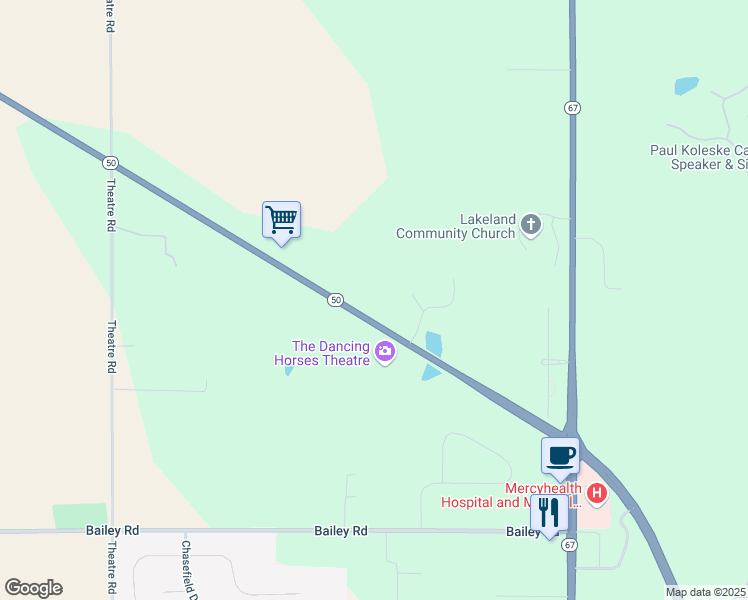 map of restaurants, bars, coffee shops, grocery stores, and more near 5072 State Road 50 in Delavan