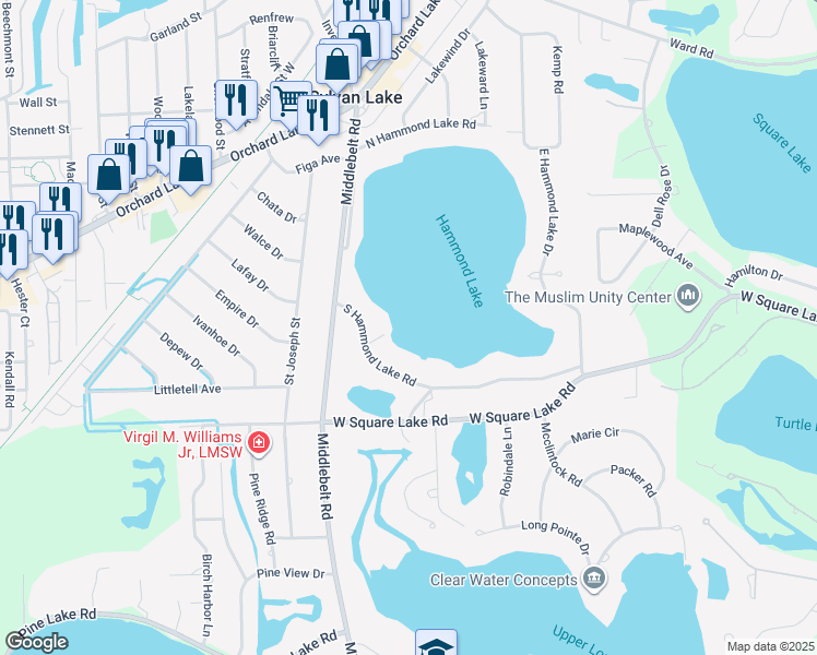 map of restaurants, bars, coffee shops, grocery stores, and more near 2154 S Hammond Lake Rd in West Bloomfield Township