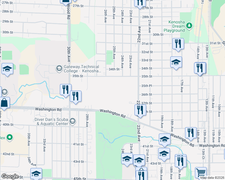 map of restaurants, bars, coffee shops, grocery stores, and more near 2500 Washington Road in Kenosha