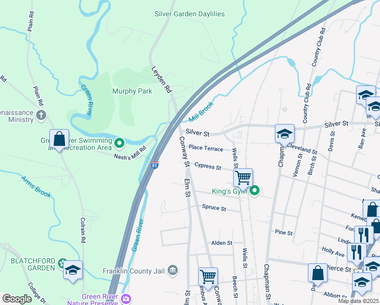 map of restaurants, bars, coffee shops, grocery stores, and more near 57 Cypress Street in Greenfield