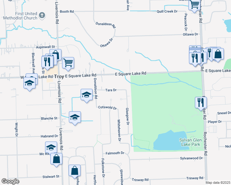 map of restaurants, bars, coffee shops, grocery stores, and more near 396 Tara Drive in Troy