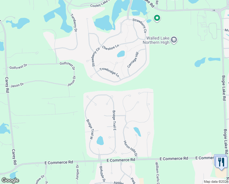 map of restaurants, bars, coffee shops, grocery stores, and more near 5460 Bridge Trail West in Commerce Charter Township