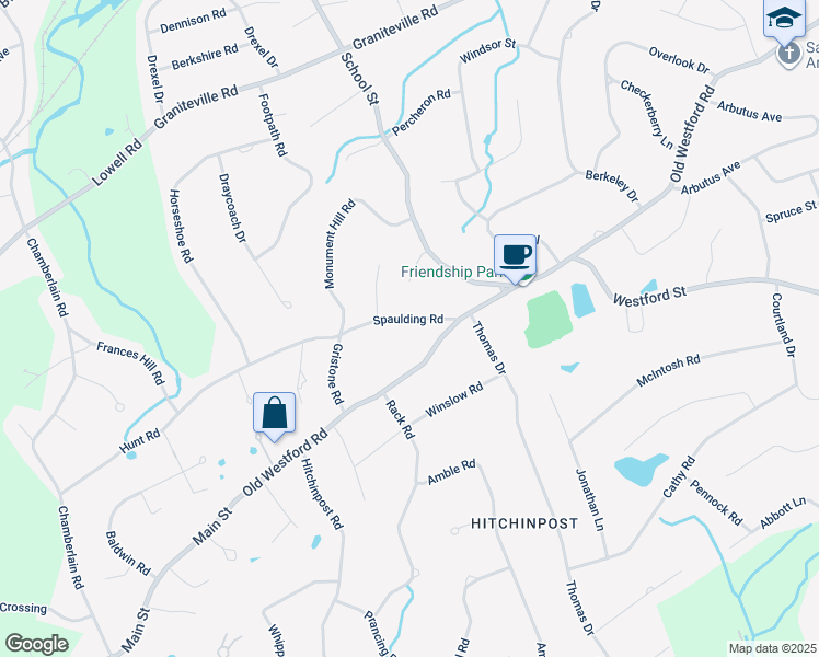 map of restaurants, bars, coffee shops, grocery stores, and more near 10 Spaulding Road in Chelmsford