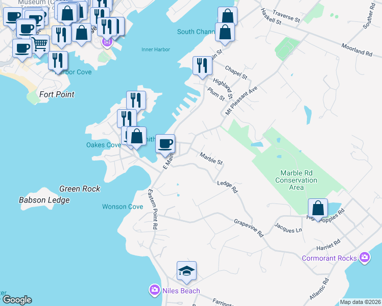 map of restaurants, bars, coffee shops, grocery stores, and more near 7 Marble Street in Gloucester