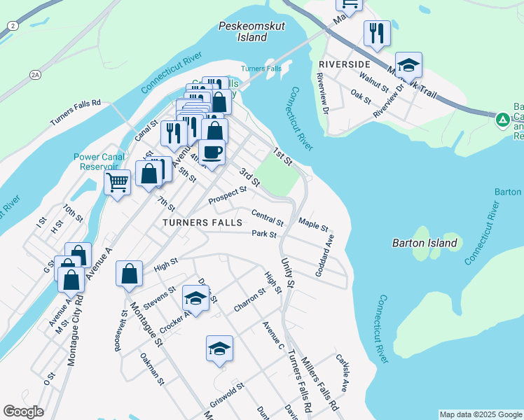 map of restaurants, bars, coffee shops, grocery stores, and more near 36 Central Street in Montague