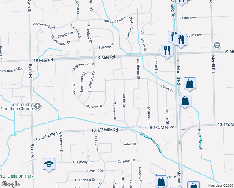 map of restaurants, bars, coffee shops, grocery stores, and more near 42406 Tessmer Drive in Sterling Heights
