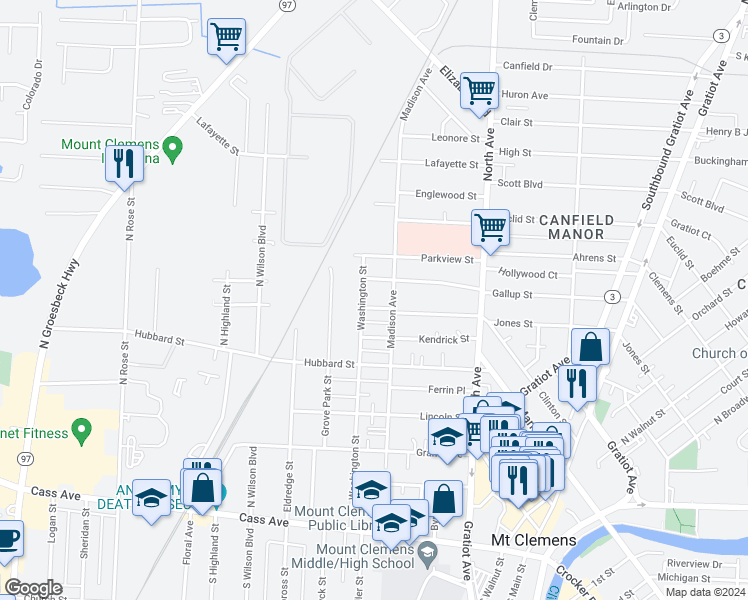 map of restaurants, bars, coffee shops, grocery stores, and more near 328 Jones Street in Mount Clemens