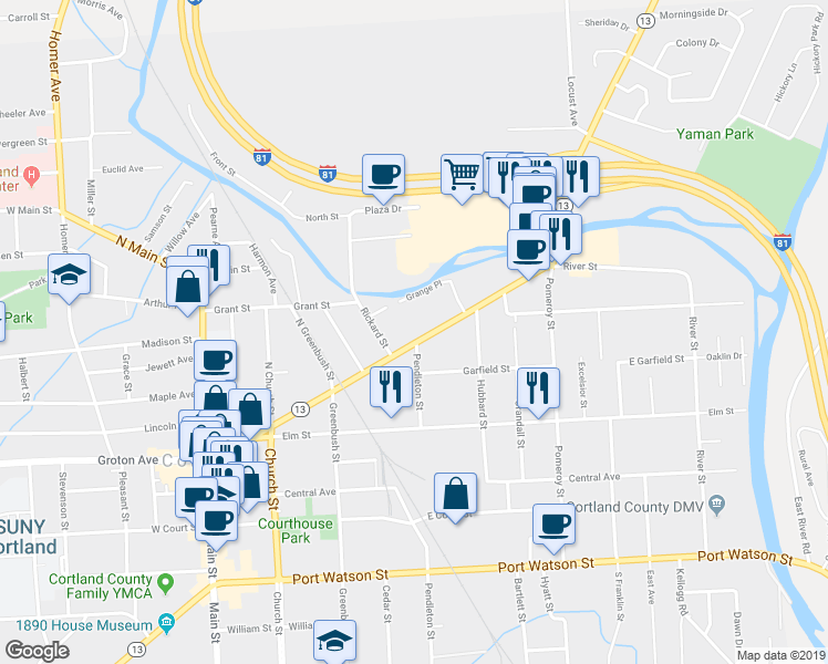 map of restaurants, bars, coffee shops, grocery stores, and more near 98 Clinton Avenue in Cortland