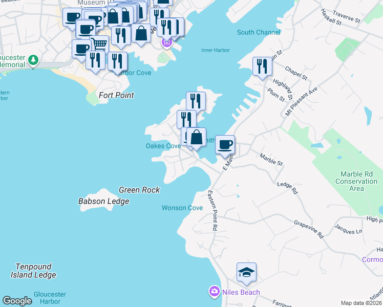 map of restaurants, bars, coffee shops, grocery stores, and more near 5 Fremont Street in Gloucester