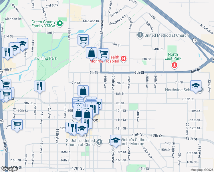 map of restaurants, bars, coffee shops, grocery stores, and more near 714 19th Avenue in Monroe